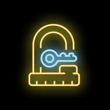 Neon open padlock with key access granted symbol on black background Stock Illustration
