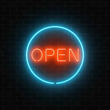 Neon open sign in a circle frame on a brick wall background. Round the clock  Stock Illustration