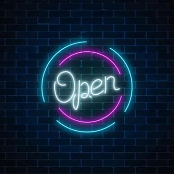 Neon open sign in circle shape on a brick wall background. Round the clock wo Stock Illustration