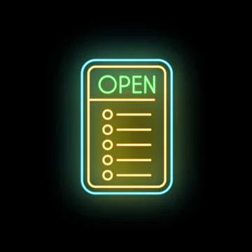 Neon open sign displaying restaurant menu items Stock Illustration