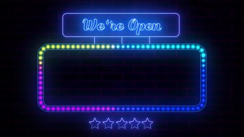 Neon Open Sign with Glowing Frame Animation, Colorful Neon Light Sign Board Stockbeeldmateriaal 316306020