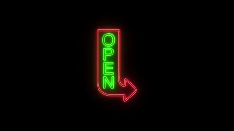 Neon open sign with red arrow blinking on a dark background in close up shot. Stock Footage 346168129