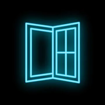 Neon open window glowing on a black wall at night Ilustración de archivo