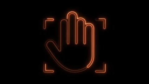 Neon orange hand scan icon with futuristic interface elements on black back.. Stock Footage 309915099