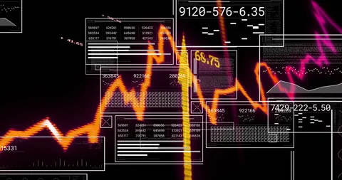 Neon orange waveform zigzagging across display, overlaying white data panels and Video stock 309108887