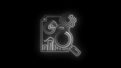 Neon outline of analytics chart magnifying glass and gear icon on black bac.. Stock Footage 346130938