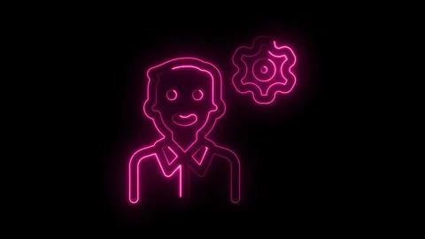 Neon outline animation of man with a cog symbol on black background Stock Footage 314535708