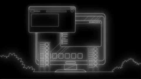 Neon-outline animation of multiple overlapping computer windows and a monitor Stock Footage 334763860