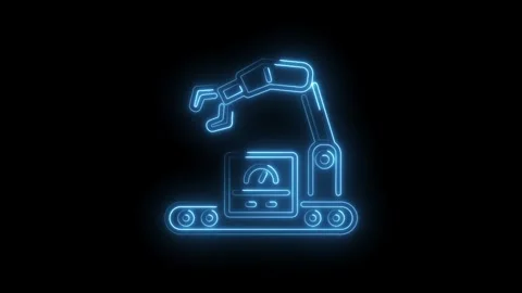 Neon outline animation of a robotic arm assembling a box on a conveyor belt Stock Footage 330774659