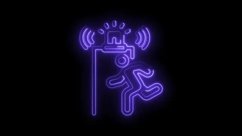 Neon outline animation of a thief running from an alarm system on a black Stock Footage 330784953