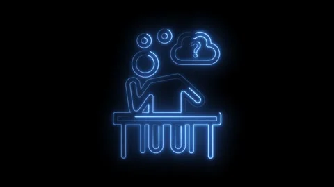 Neon outline animation of thinking man with cloud and question mark on black Video stock 322963128