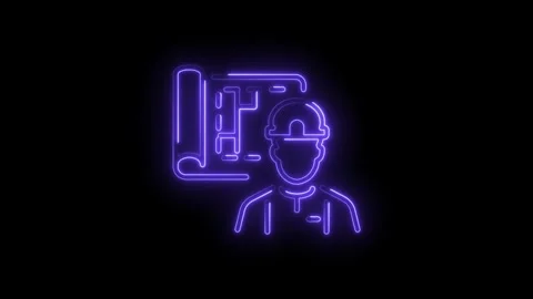 Neon outline of architect with blueprint on black background animation Stock Footage 330770273