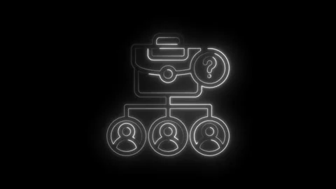 Neon outline of a briefcase connected to three people icons with a question mark Stock Footage 333969886