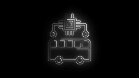 Neon outline of a bus connected to a central processing unit chip representing Stock Footage 333952992
