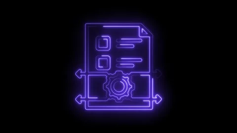 Neon outline of checklist document with gear and arrows symbolizing process Stock Footage 333968686