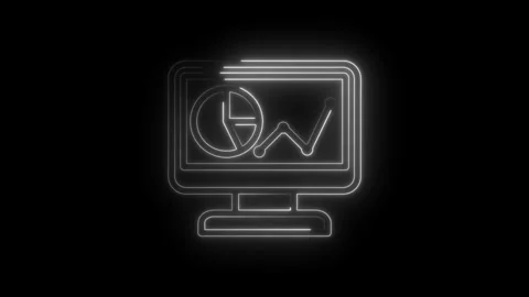 Neon outline computer screen displaying glowing pie chart and line graph data 스톡 동영상 333951891
