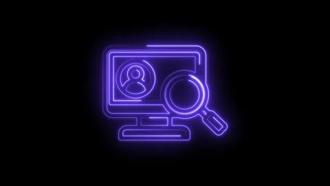 Neon outline of computer screen displaying user profile icon with magnifying Stock Footage 333959855