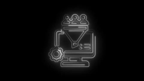 Neon outline of a computer screen with a funnel and people icons representing Stock Footage 333957418