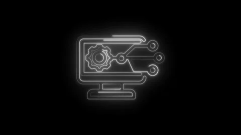 Neon outline computer screen with gear and circuit board connections on bla.. Stock Footage 346122058