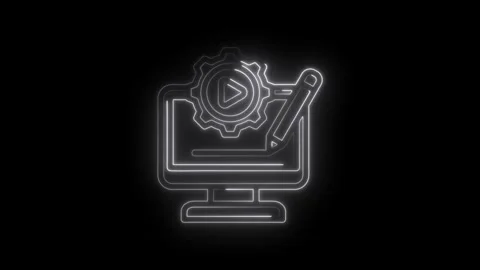 Neon outline of computer screen with play button gear and pencil icon Stock Footage 333958390