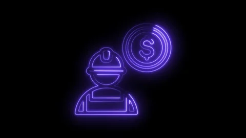 Neon outline of construction worker with dollar coin symbol glowing purple on Stock Footage 330870899