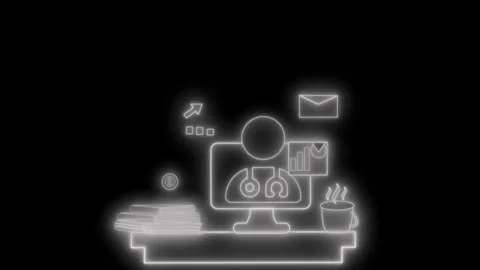 Neon Outline of Desk with Computer and Coffee Cup Animation Stock Footage 327017123