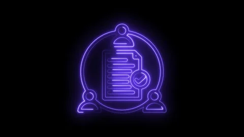 Neon outline of a document with a checkmark and surrounding user icons Stock Footage 333956458