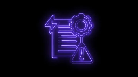 Neon outline of document with gear and exclamation mark warning icon on black Stock Footage 333961313