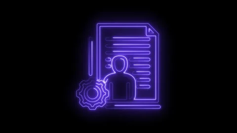Neon outline of a document with a human silhouette and gear icon representing H Stock Footage 333953907