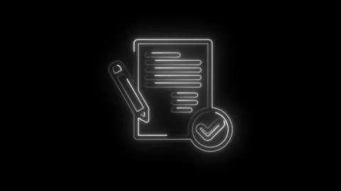 Neon outline of a document with a pencil and a checkmark glowing on a icon .. Stock Footage 346827872