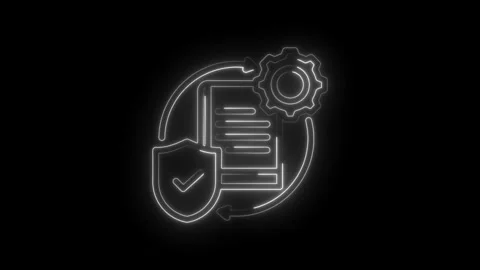 Neon outline of a document with a shield and gear icon symbolizing security.. Stock Footage 346140106