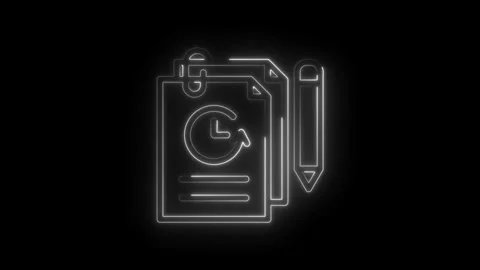 Neon outline of documents with clock icon and pencil on black background Stock Footage 333955258