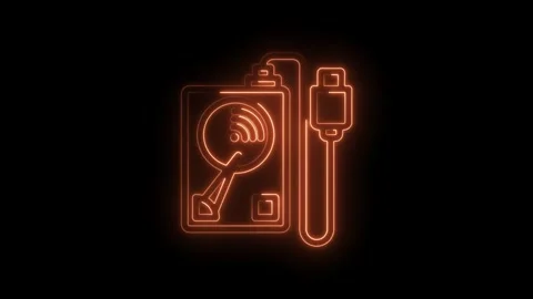 Neon outline of external hard drive with wifi symbol and U S B cable connection Stock Footage 333957997