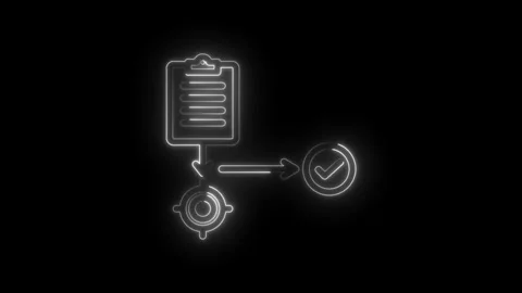 Neon outline flowchart process checklist target achieved success goal completion Stock Footage 333957771