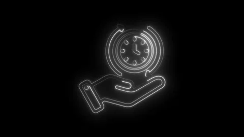 Neon outline hand holding clock with circular arrows indicating time management Stock Footage 333953632