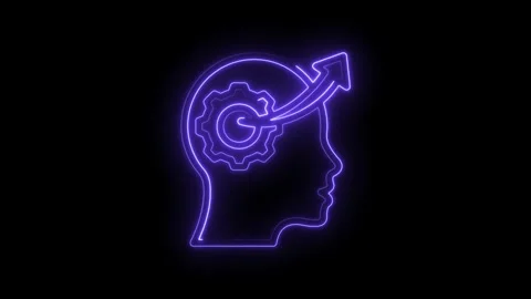 Neon outline human head profile with internal gear and upward arrow symbolizing Stock Footage 333951583