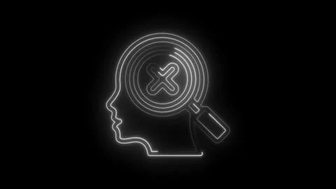 Neon outline human head profile with magnifying glass and cross symbol inside Stock Footage 333954980