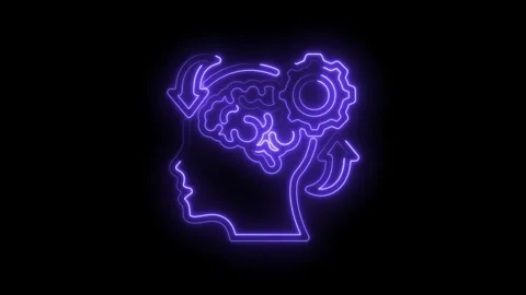 Neon outline human head profile with brain gears and circular arrows symbolizing Stock Footage 333958170