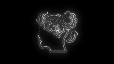 Neon outline human head profile with brain gears and circular arrows symbolizing Stock Footage 333958190