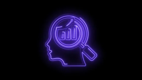 Neon outline human head profile with magnifying glass analyzing bar chart graph Stock Footage 333959490