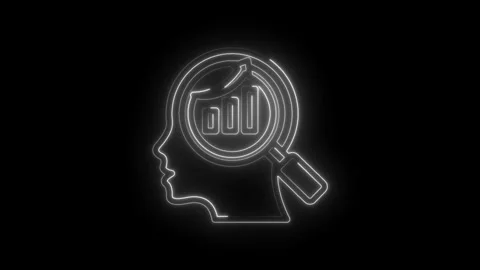 Neon outline human head profile with magnifying glass revealing bar graph data Stock Footage 333959496