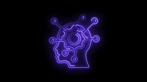Neon outline of a human head profile with internal gears and network connections Stock Footage 333959746