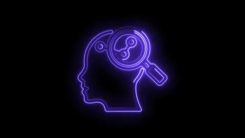 Neon outline of human head profile with magnifying glass examining brain Stock Footage 333962827