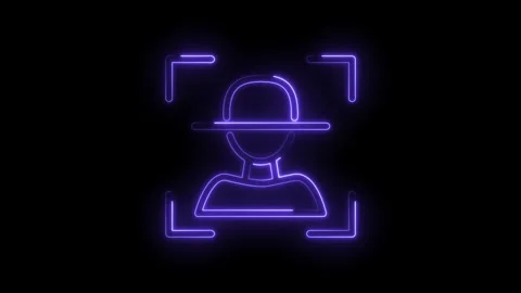 Neon outline human profile icon in scanning frame glowing purple on black Stock Footage 333952699