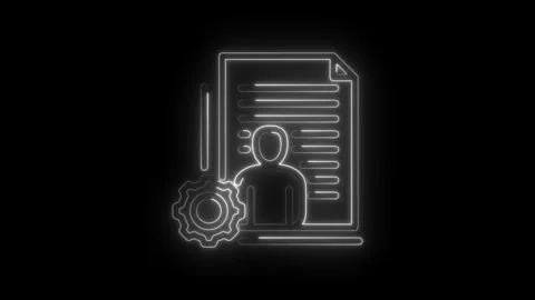 Neon outline human profile icon with gear and document symbol on black Stock Footage 333953933