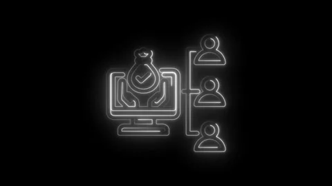 Neon outline icon showing hands holding money bag on computer screen with c.. Stock Footage 346122325
