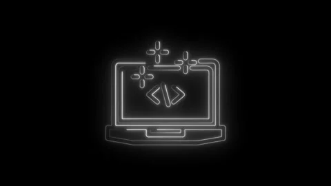 Neon outline of a laptop displaying code symbols and a play button on a bla.. Video stock 346826511