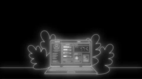 Neon-outline laptop interface with leaves silhouette animation Vídeo Stock 334764292