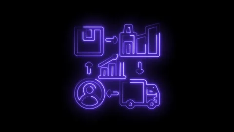 Neon outline logistics process flow chart showing package delivery to warehouse Stock Footage 333964305