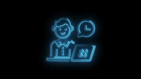Neon outline of man with computer talking about time on black background Stock Footage 330772551